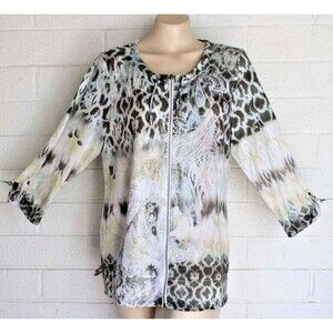 Chico's Zenergy 2 L 12 Gray Tan Blue White Animal Paisley Print Zip Front Jacket